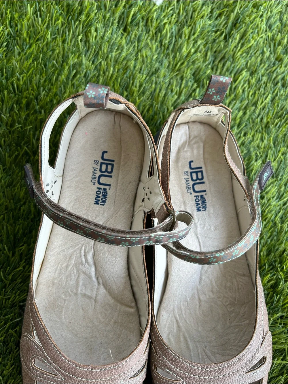 JBU brown Floral Cutout Mary Jane Flats with Metallic Strap